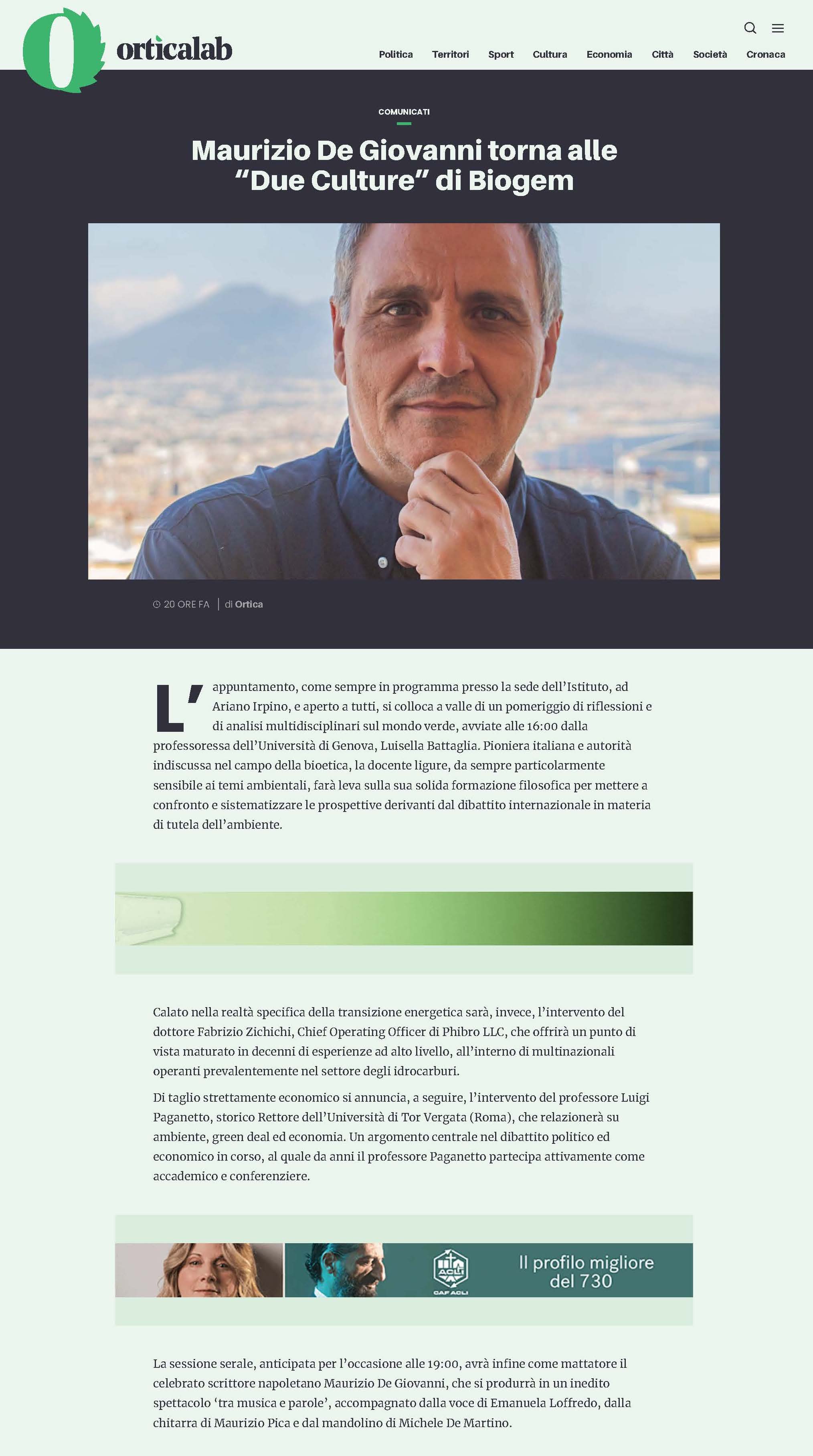 Maurizio De Giovanni torna alle “Due Culture” di Biogem 